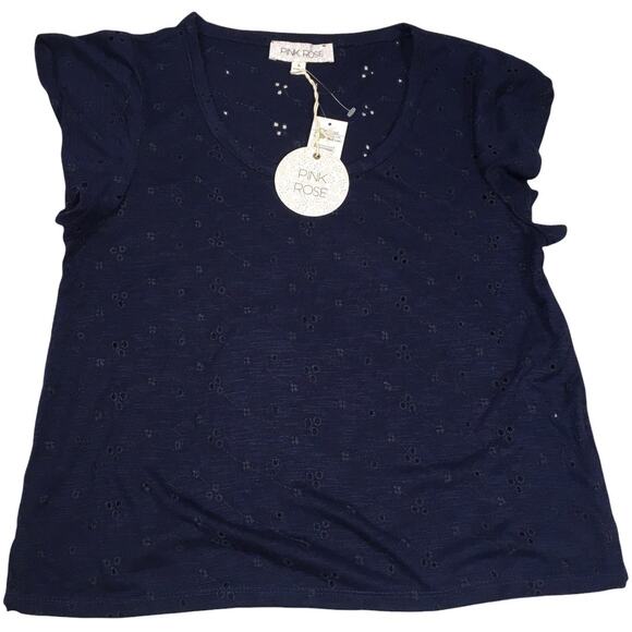 Pink Rose Top Eyelet Short Flutter Sleeve Blouse Women's L Navy Blue NEW Shirt‎ - Picture 1 of 9